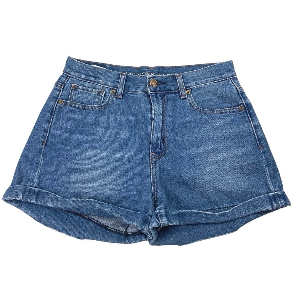 American Eagle Blue 100% Cotton Medium Wash Cuffed Mid Rise Jean Shorts Size 4